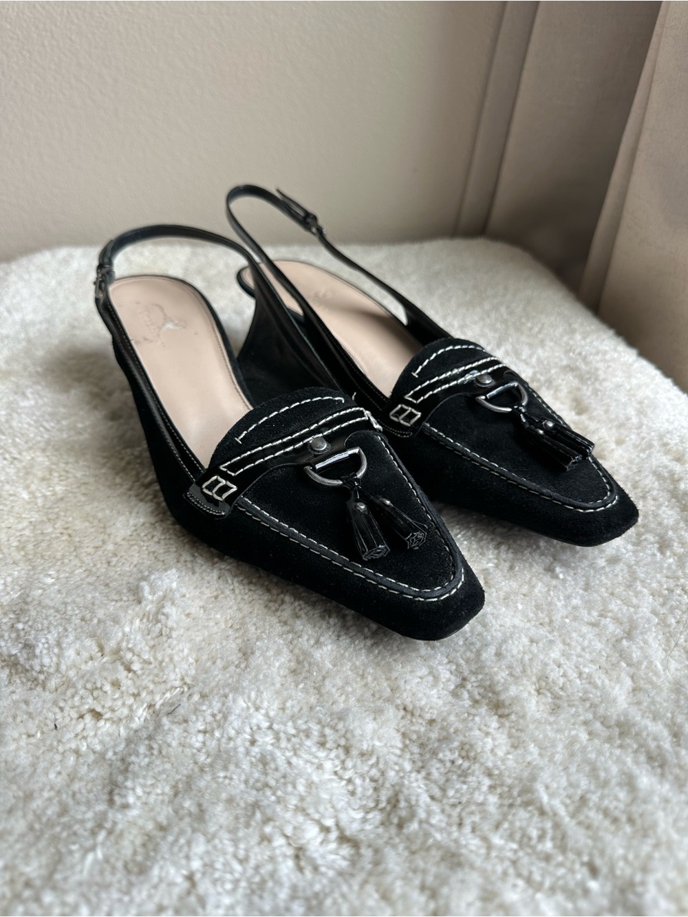 New Cole Haan Black Suede Tassel Slingback Kitten Heels Women size 10